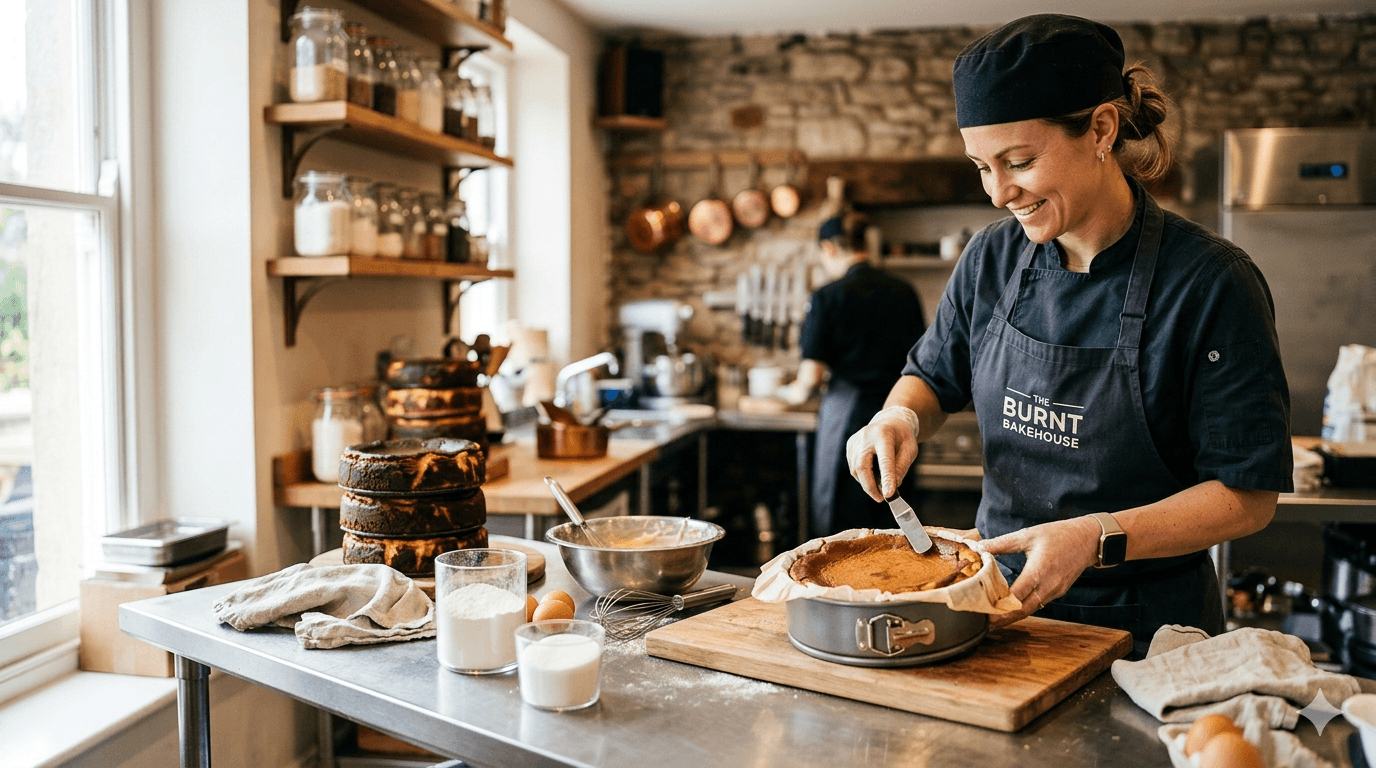 Pastry chef finishing a burnt Basque cheesecake, highlighting the caramelized top and careful craftsmanship