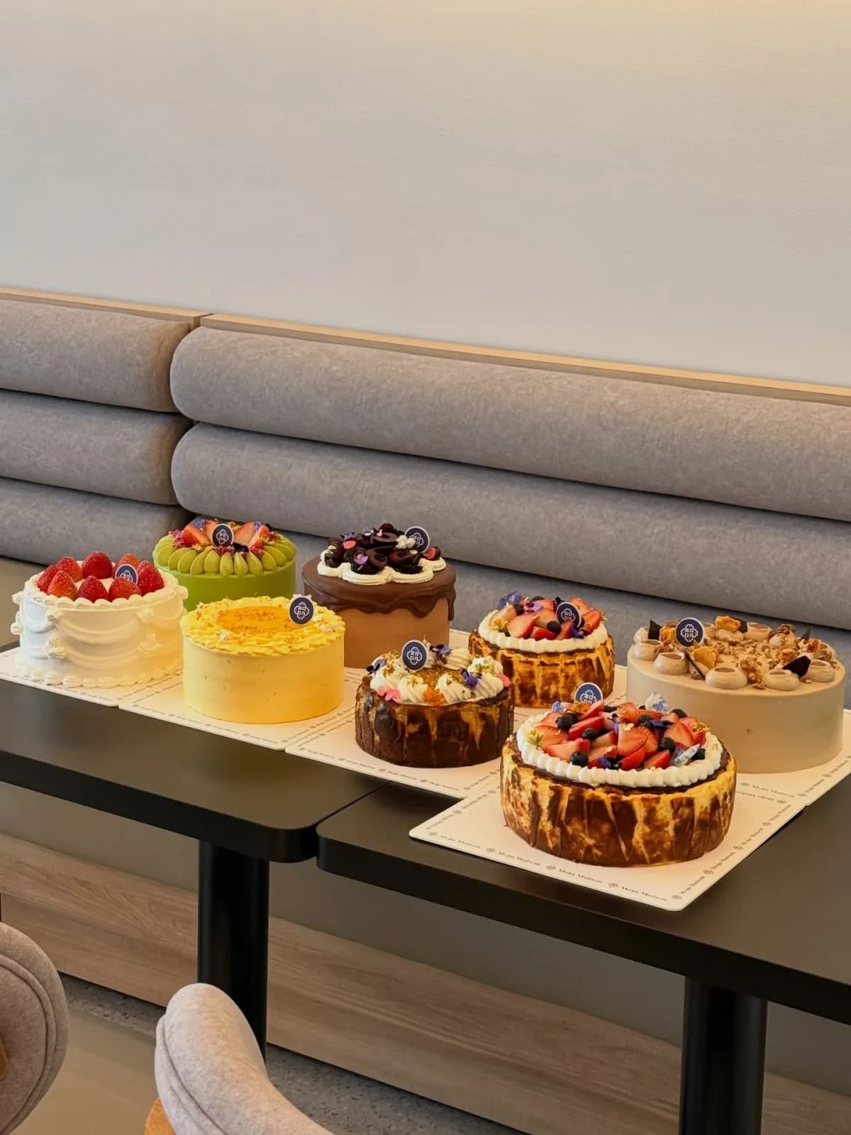 A row of Moja Maison whole cakes — strawberry shortcake, matcha, chocolate, burnt Basque cheesecakes and caramel espresso gateau — laid out on a table